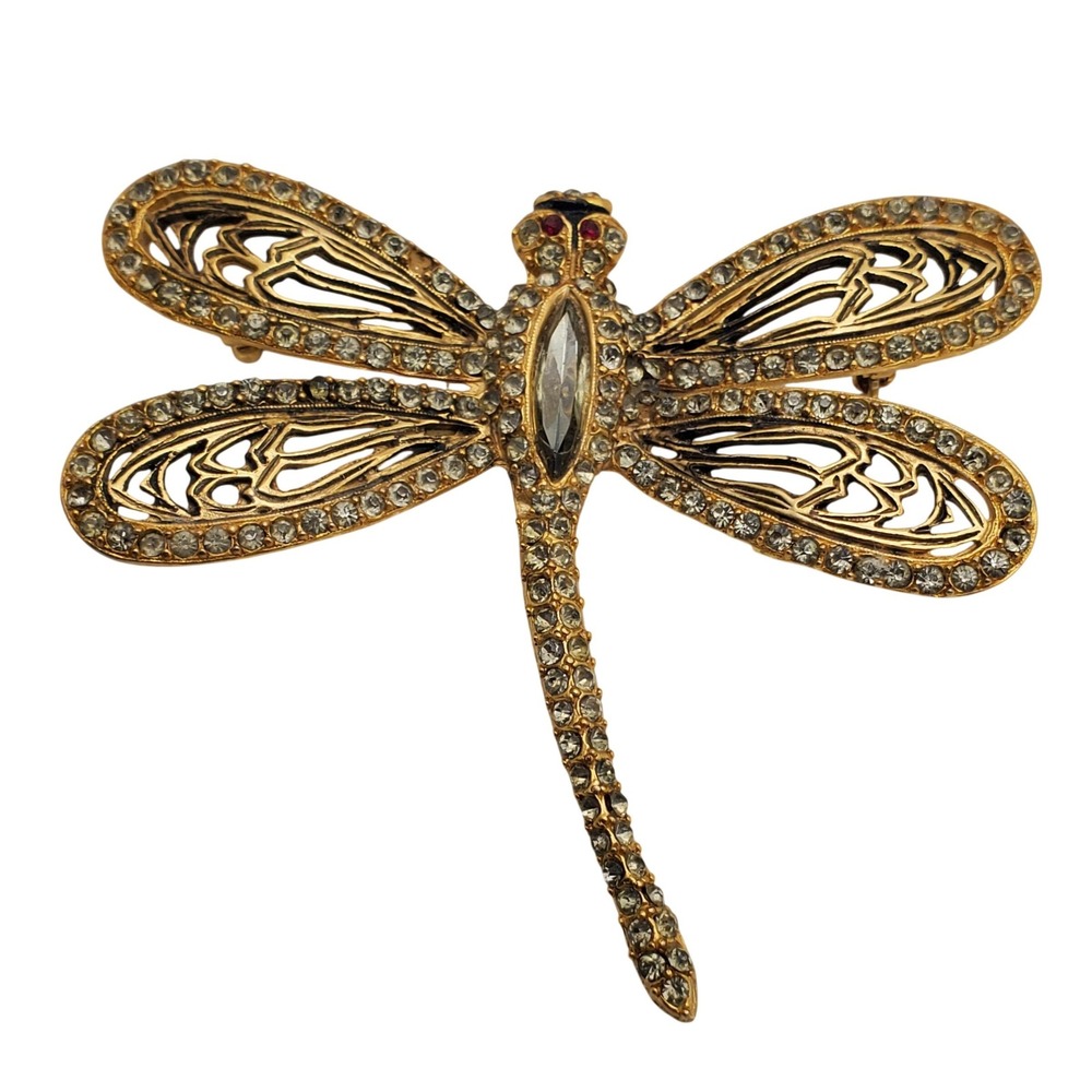 Vogue Dragonfly Brooch Gold Tone Rhinestone Enamel Vintage Art Deco Insect Pin